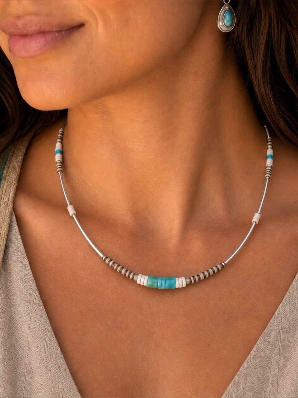 Vintage Southwestern Turquoise Liquid Silver Heishi Shell Necklace